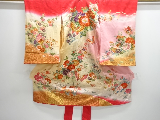 JAPANESE KIMONO / KIMONO & OBI FOR KIDS SET / SILK / KINSAI / PEONY & BUTTERFLY 